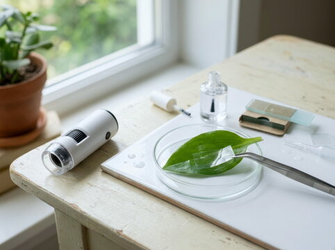 A close hobby science scene preparing leaf stomata impressions, with a glossy leaf, clear tape, a transparent polish patch, and a compact microscope beside a sunlit windowsill, calm and precise.