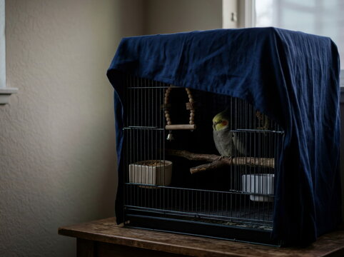 Cockatiel sleep-cage cover setup at dusk, with a breathable cage cover, a perch toy, a seed cup, and dim room lighting. Quiet evening mood, home-bird care atmosphere, soft shadows, and simple