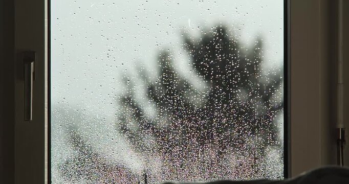 Slow motion raindrops falling and clinging to window glass frame during rainy stormy weather with blurred tree background