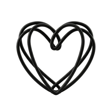 Minimalist black wire heart sculpture with layered geometric lines isolated on transparent background for romantic design projects