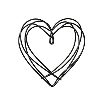 Minimalist wire heart sculpture formed by thin metallic lines isolated on transparent background for romantic design projects