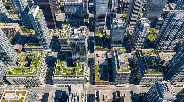 Aerial view of modern city buildings with green roofs