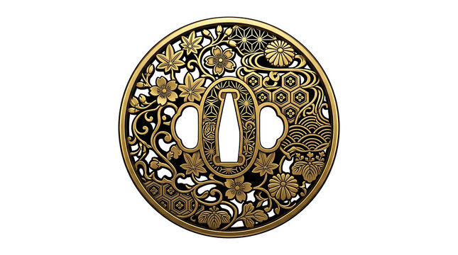 Japanese tsuba sword guard PNG with intricate golden floral patterns, transparent background, isolated for traditional craft design . Ai Generated