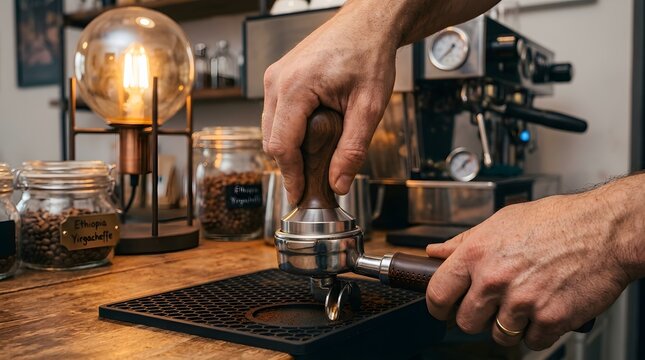 Barista hands tamping fresh ground coffee in portafilter on a wooden counter