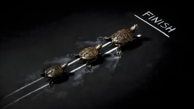 Three turtles of different sizes racing on a black background towards a chalkdrawn finish line, conceptual photography representing progress and competition