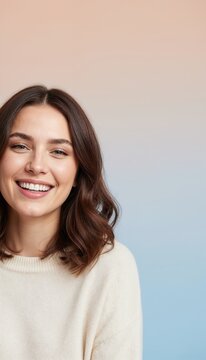 Joyful Expression: A young woman with a warm smile and kind eyes radiates happiness, her expression conveying a sense of contentment and inner peace.