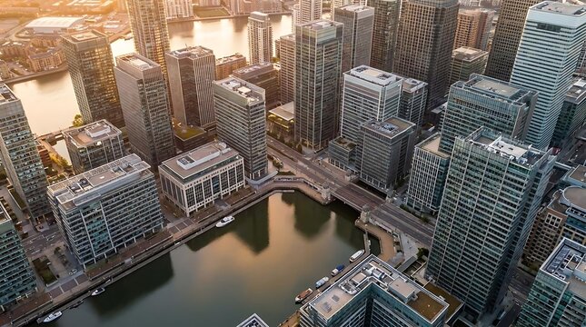Aerial view of modern city skyscrapers and waterfront.