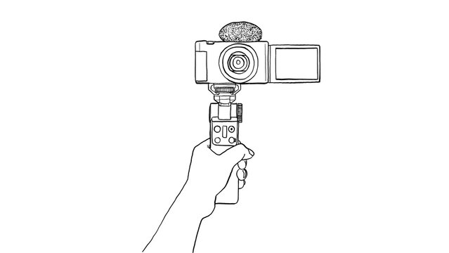 Hand holding a compact vlogging camera with microphone and flip screen, black and white line art vector illustration.