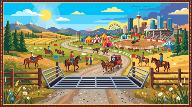 Western Rodeo Festival with City Skyline and Ranch Landscape