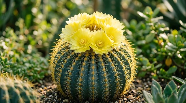Golden barrel cactus with vibrant yellow crown of flowers in garden