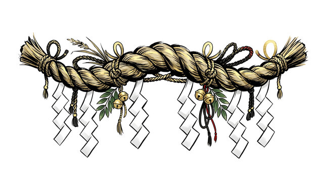 Japanese shimenawa sacred straw rope PNG with shide paper streamers, golden bells, on isolated white background for traditional Shinto decoration. Ai Generated