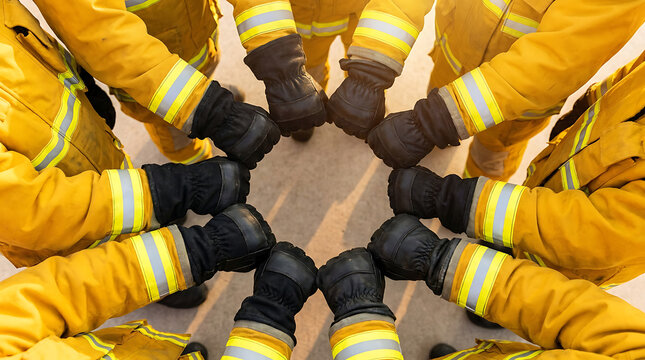 Brave firefighters unite in a powerful huddle, symbolizing unwavering commitment and professional solidarity