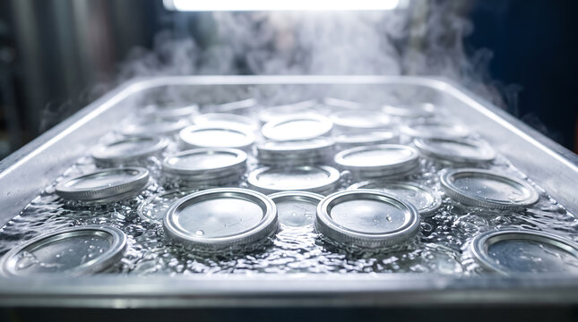 Canning jars with metal lids submerged in boiling water during sterilization process, steam rising from the surface in a stainless steel container
