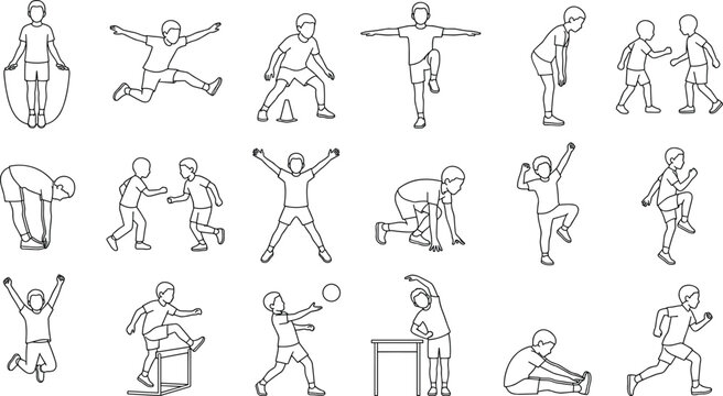 Kids Sports Training Line Art Character Set with Children Exercise and Fitness Activity Poses