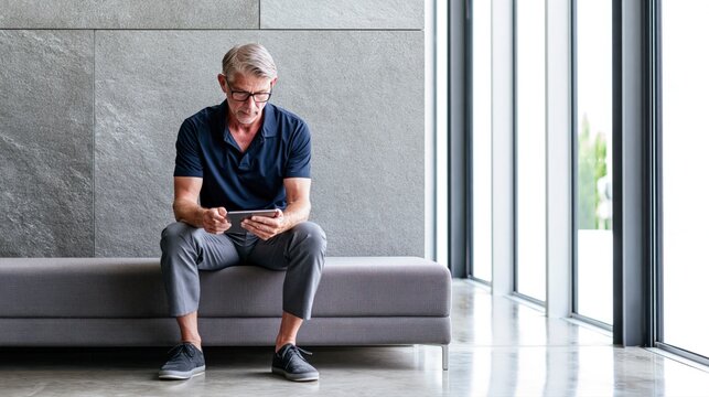 Professional businessman using digital tablet while waiting in modern corporate office lobby with natural daylight