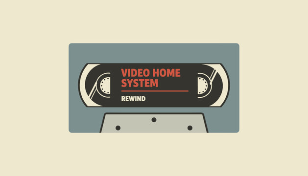 Classic retro VHS video home system cassette tape with a rewind label over a clean minimalist beige background.
