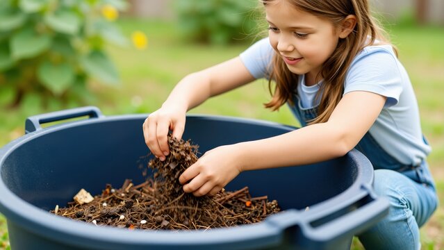 Little Gardener at Work: A young girl with a bright smile is engrossed in the activity of mixing soil in a large pot, embodying the joy of early gardening and connection with nature.