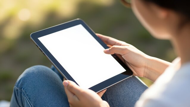 Using Tablet Outdoors: A person's hands holding and touching a tablet computer with a blank white screen, set against a softly blurred outdoor background with sunlight.