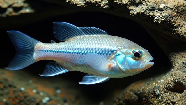 Blue Ram Cichlid in Aquatic Habitat: A stunning Blue Ram cichlid, showcasing iridescent blue and yellow scales, swims gracefully amidst a rocky, submerged environment. This vibrant freshwater fish.