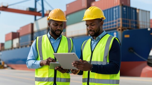 Port Professionals Collaborating: Two male dockworkers in hard hats and safety vests collaborate on a digital tablet amidst a busy shipping port, with a large cargo ship in the background.