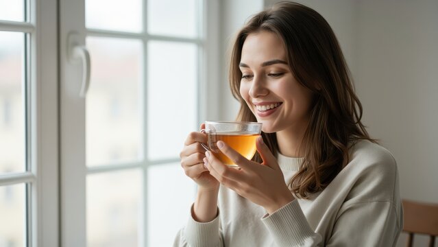 A Moment of Bliss: A young woman with closed eyes smiles serenely as she sips from a transparent cup filled with amber liquid, enjoying a tranquil moment near a window.