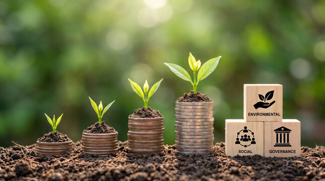 Esg social environmental governance coin seedling finance growth sustainability esg social. Corporate business sustainability strategy. green energy conservation, management responsibility