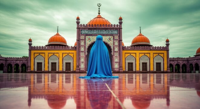 Woman in blue burqa praying in front of a beautiful historic mosque with water reflection