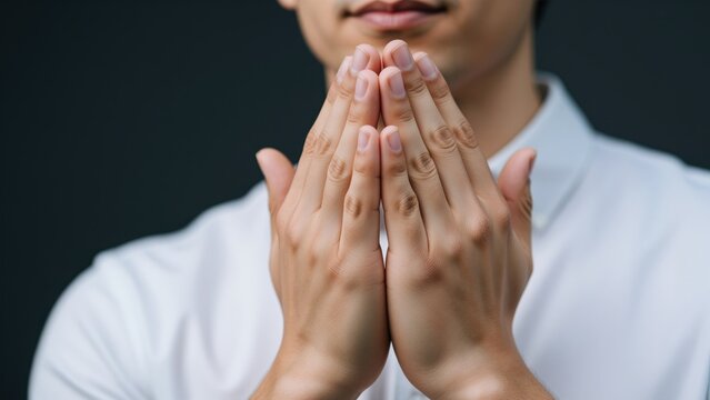 Hands Clasped in Prayer or Meditation: A close-up shot of a person's hands held together, conveying a sense of reverence, peace, and introspection.