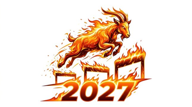 Fiery goat leaping over 2027: symbolic illustration of ambition and new year celebration