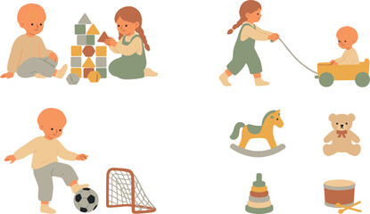 Fototapeta premium Cute Toddlers and Babies Playing with Toys Illustration Set Featuring Kids with Wooden Blocks, Pull Wagon, Soccer Ball, and Retro Nursery Playroom Vectors