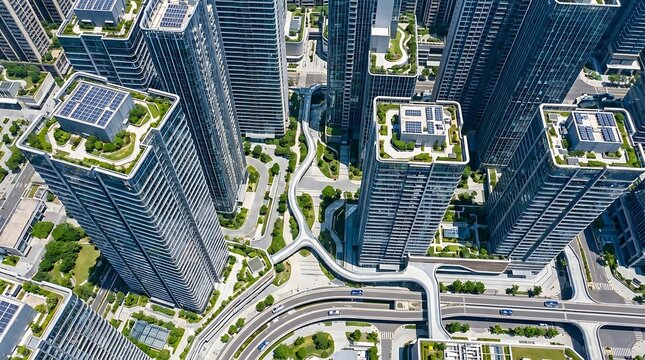 Aerial view of skyscrapers with green roofs.