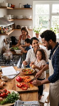 A diverse family of five preparing a meal together in a bright, modern kitchen. The father and daughter are chopping vegetables, while the mother and son stir pots on the stove.