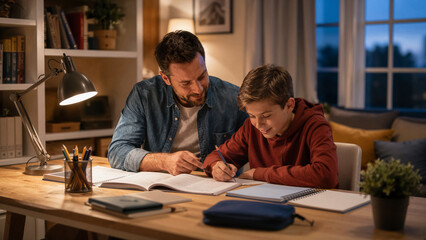 Obraz premium Father helps son with homework at a desk in a cozy room during the evening