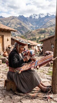 An elderly indigenous woman, adorned in traditional attire and hat, diligently weaving a colorful textile outdoors in a rustic village with mountainous backdrop.