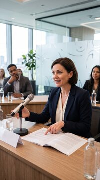 A woman in a suit speaks into a microphone at a conference table with other attendees present. She is pointing to a document in front of her, suggesting she is presenting or leading a discussion.