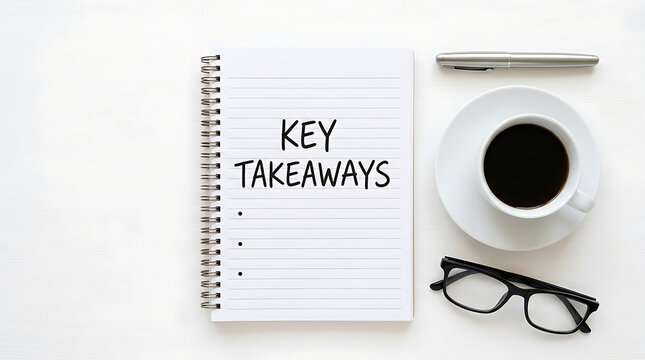 Top view of notepad with key takeaways text coffee cup eyeglasses and pen