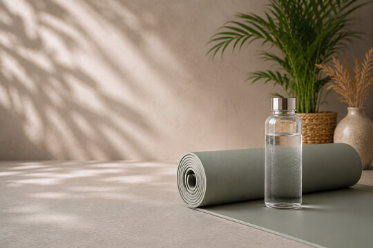 Yogamatte und Trinkflasche im ruhigen Trainingsbereich