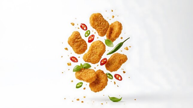 Floating chicken nuggets with spicy peppers on white background.