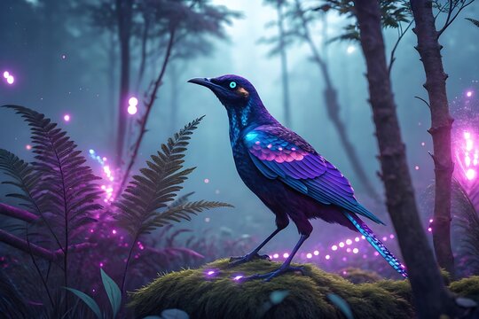 Glowing purple bird perched on a forest branch at night