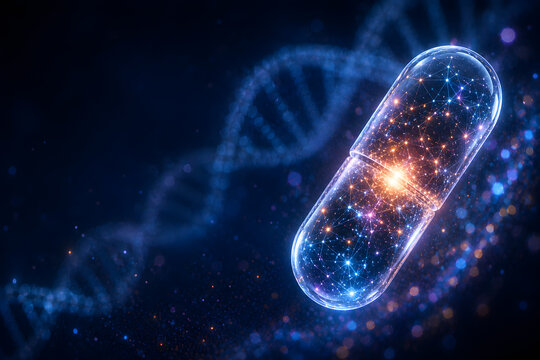 advanced medical capsule with glowing DNA strands