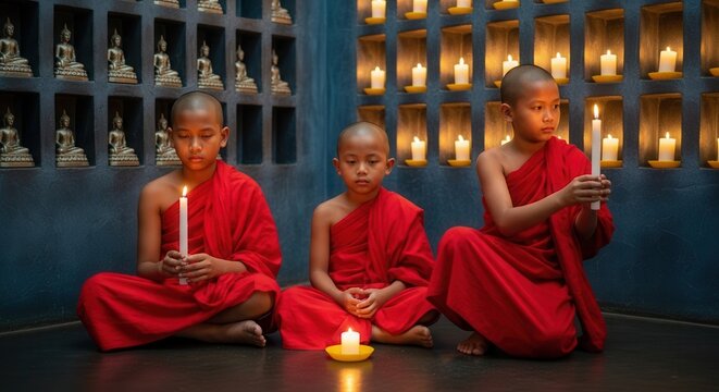 Three young buddhist monks in red robes holding candles in a temple with glowing lights