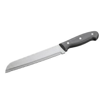 A professional serrated bread knife with a dark ergonomic handle for slicing fresh baked loaves.