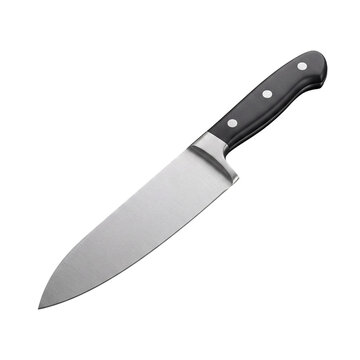 Sharp professional chef's kitchen knife with a gleaming silver blade and ergonomic black handle.