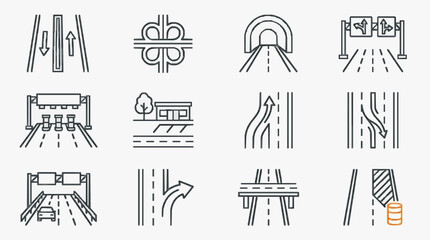 Professional Minimalist Line Icons Set Showing Various Urban Infrastructure and Transportation Symbols in Black and White © Gel