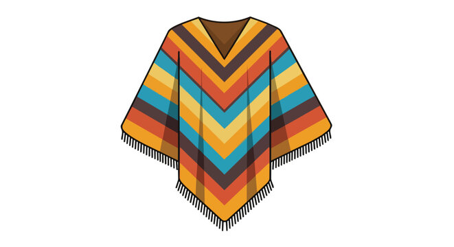 Traditional Colorful Ethnic Poncho Garment with Striped Chevron Pattern and Decorative Fringe Edge Detail