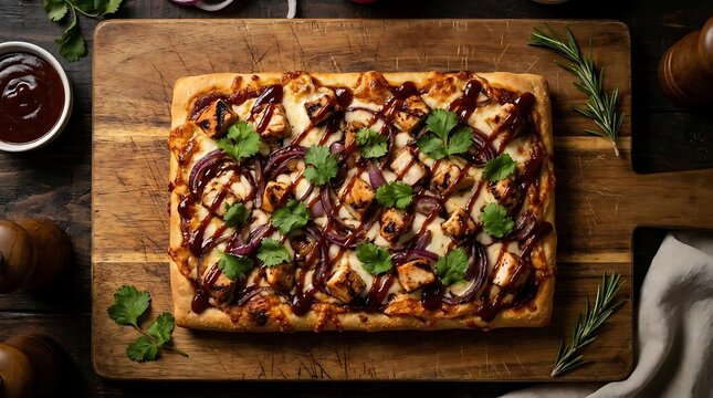 BBQ chicken flatbread pizza on wooden board.
