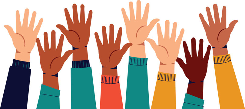 Raised hands icon set, multicultural teamwork, volunteering, participation, community, collaboration, diversity, inclusion, support, education, voting, unity, communication, people.
