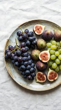Assorted grapes and sliced figs on ceramic fruit plate.