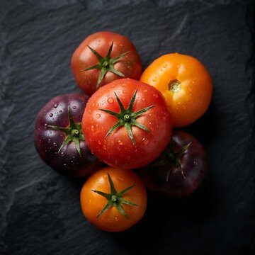 Assorted heirloom tomatoes on dark slate surface.
