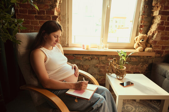 Pregnant woman using laptop while seated beside bright window. Concept of remote work during pregnancy, flexible career culture, home office productivity.